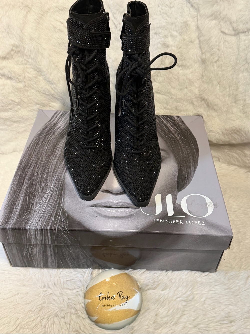 Jennifer Lopez Black Glitter Lace-Up Ankle Boots/Booties- SIZE 6.5